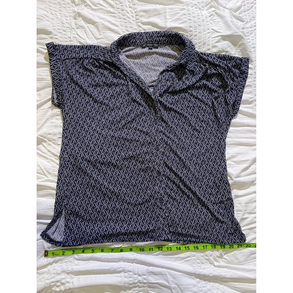 Adrianna Papell Navy Blue Geometric Print Button Up Blouse Sleeve Small T06-13